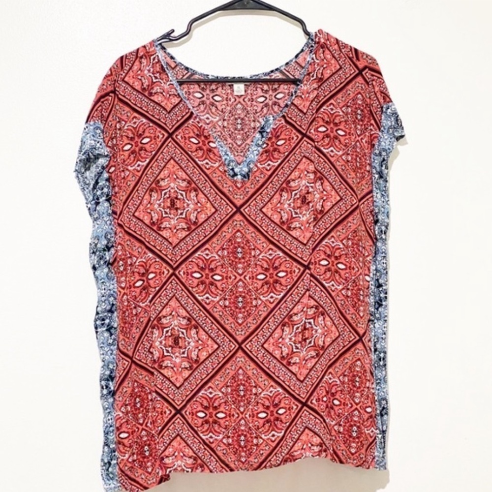 Cato red and blue bohemian v-neck flowy blouse